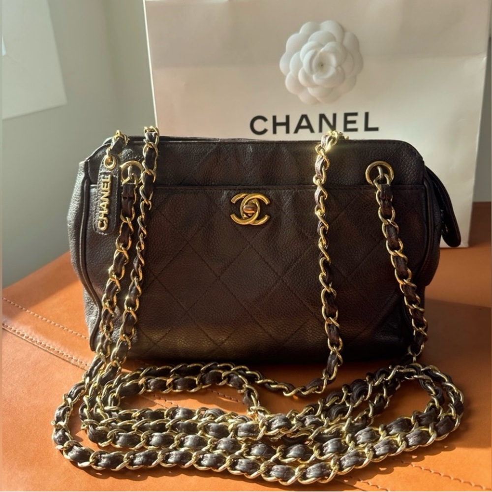 Vintage Chanel Dark Brown Quilted crossbody Bag with Gold Chain